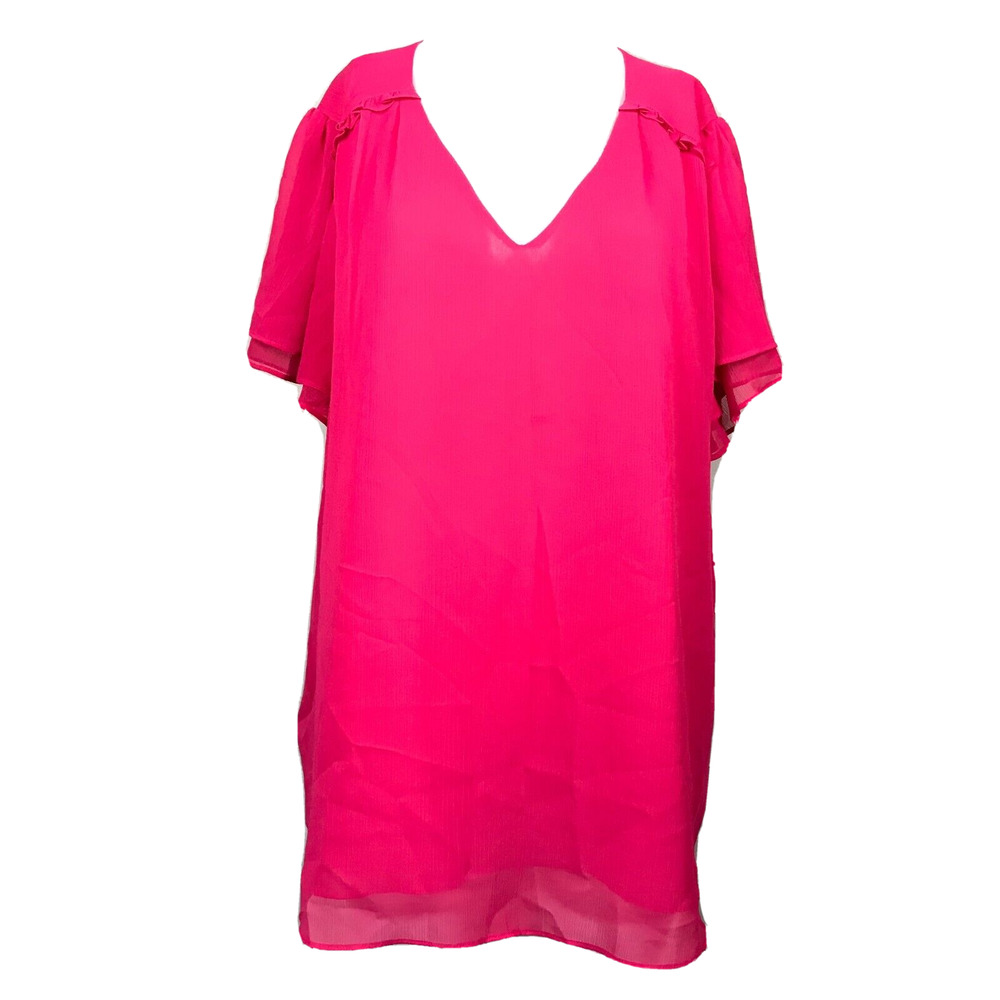 Roz & Ali Shirt Womens Sz 2X Pink Chiffon Flutter‎ Sleeve Ruffle V Neck Pullover